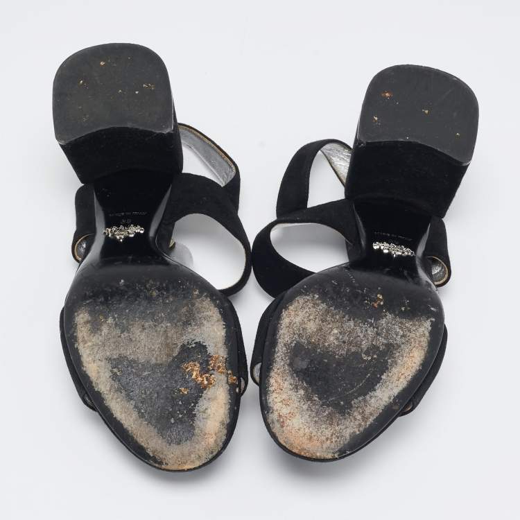 Pre Owned Prada Black Suede Ankle Strap Block Heel Sandals Size 39