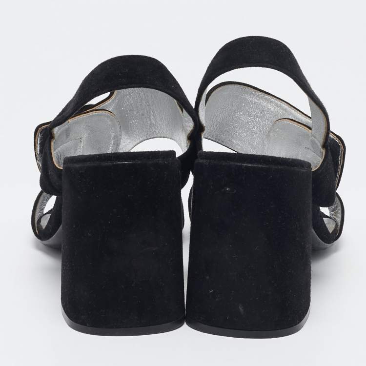 Pre Owned Prada Black Suede Ankle Strap Block Heel Sandals Size 39