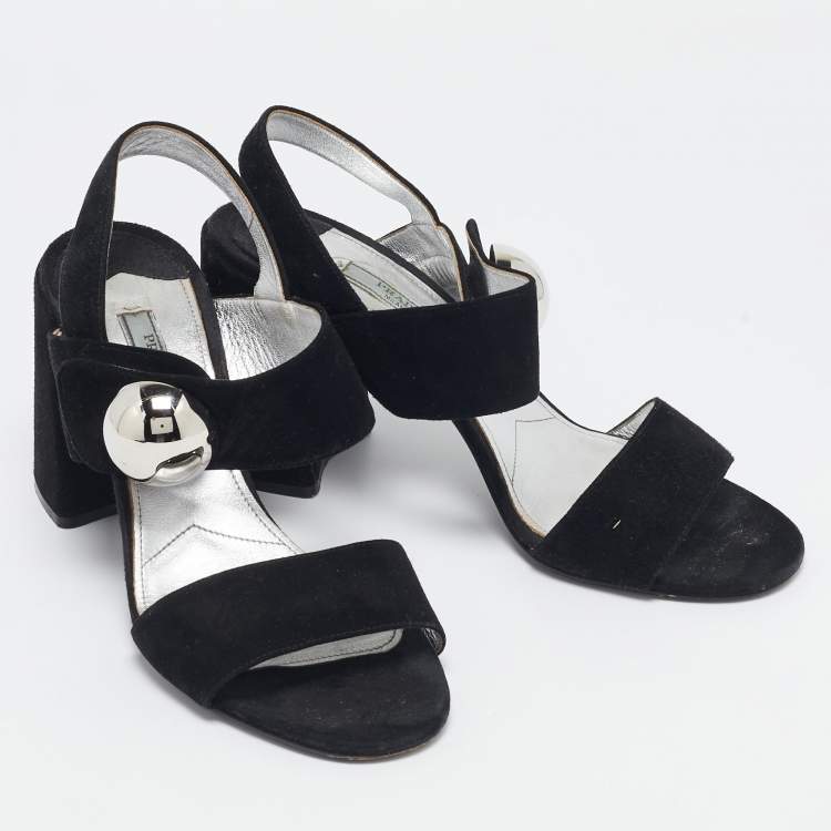 Pre Owned Prada Black Suede Ankle Strap Block Heel Sandals Size 39