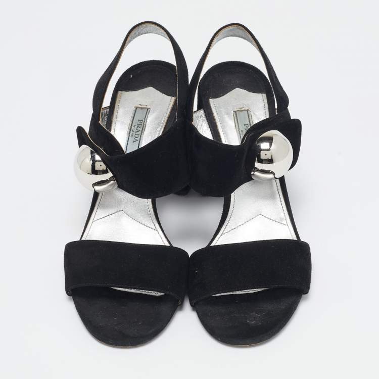 Pre Owned Prada Black Suede Ankle Strap Block Heel Sandals Size 39