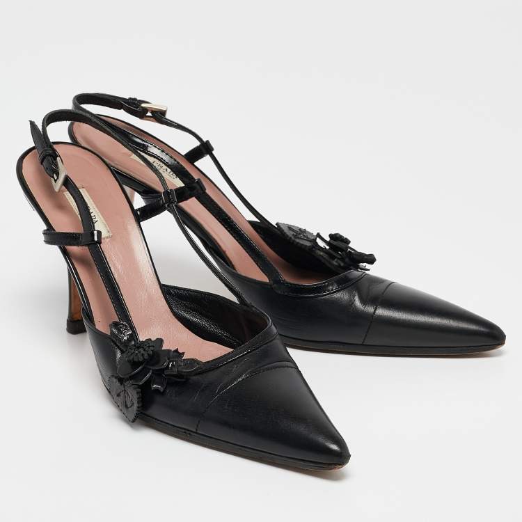 Pre Owned Prada Black Leather Pointed Toe Slingback Pumps Size 36.5