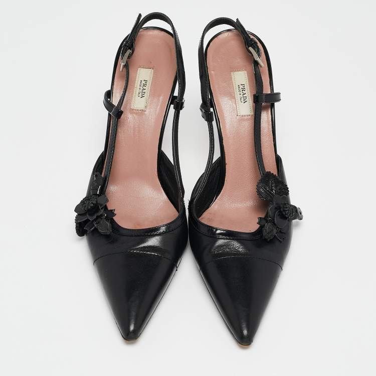 Pre Owned Prada Black Leather Pointed Toe Slingback Pumps Size 36.5