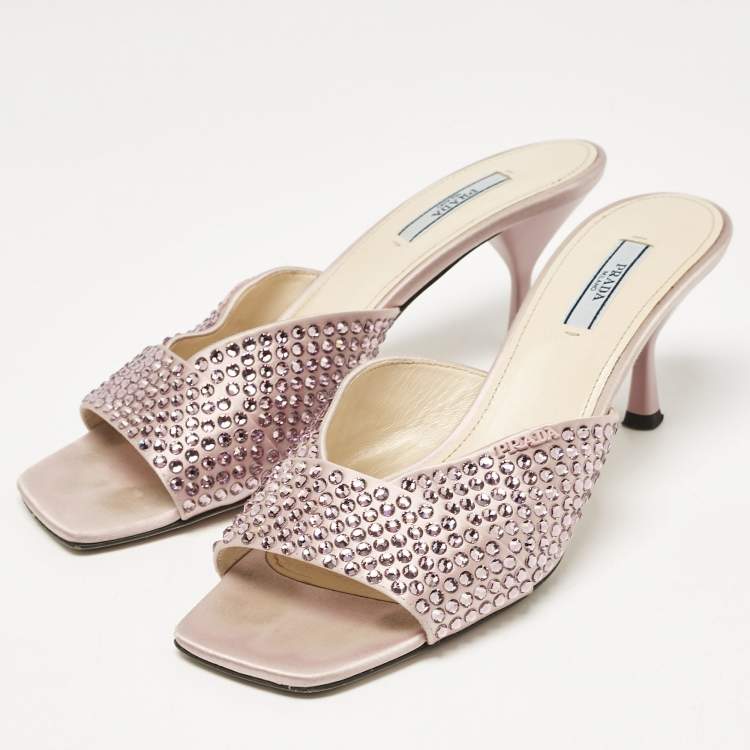Pre Owned Prada Pink Satin Crystal Embellished Slide Sandals Size 40
