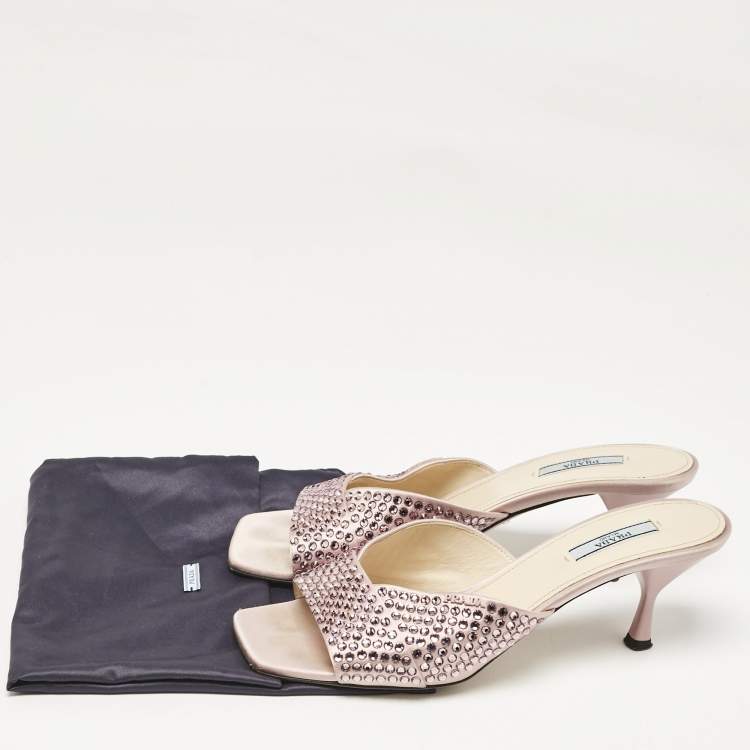 Pre Owned Prada Pink Satin Crystal Embellished Slide Sandals Size 40