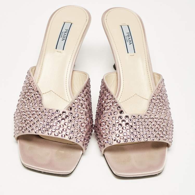 Pre Owned Prada Pink Satin Crystal Embellished Slide Sandals Size 40