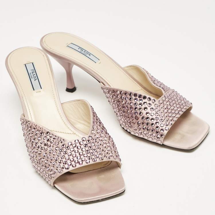 Pre Owned Prada Pink Satin Crystal Embellished Slide Sandals Size 40