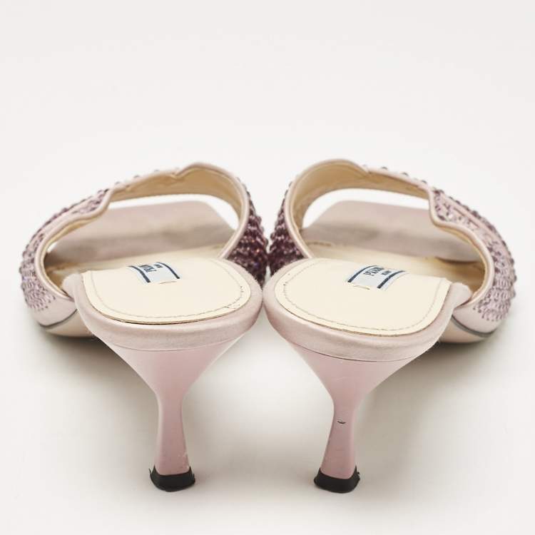 Pre Owned Prada Pink Satin Crystal Embellished Slide Sandals Size 40