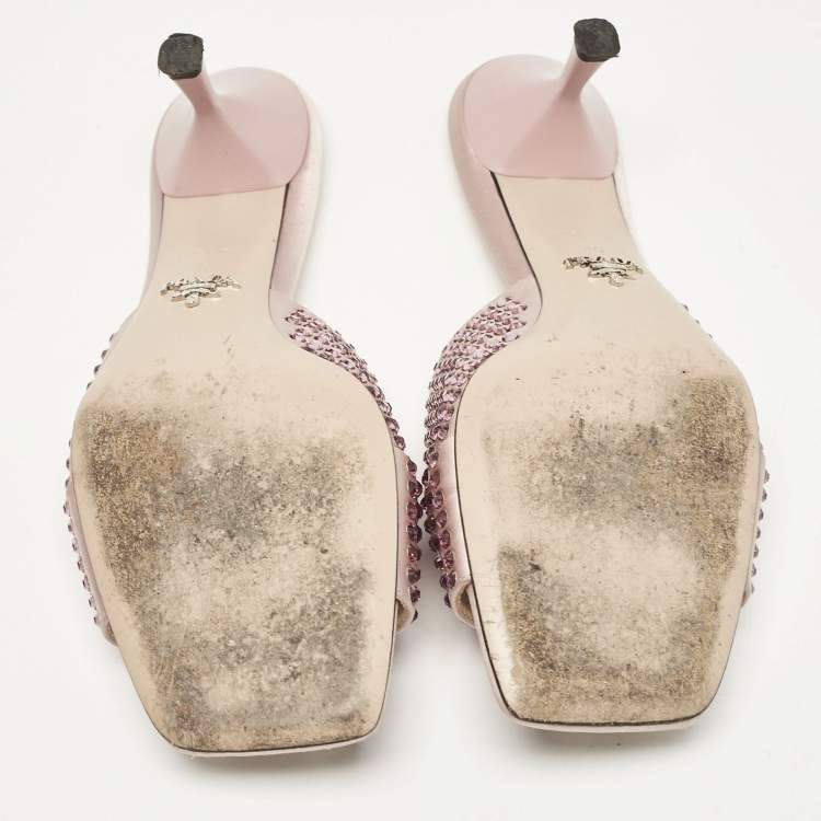 Pre Owned Prada Pink Satin Crystal Embellished Slide Sandals Size 40