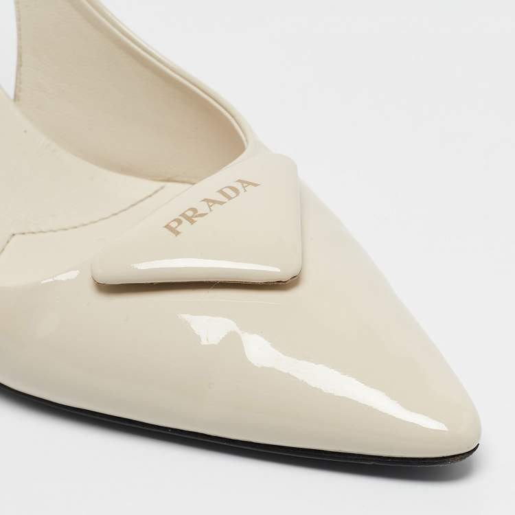 Pre Owned Prada Cream Patent Leather Logo Pointed Toe Slingback Pumps Size 36