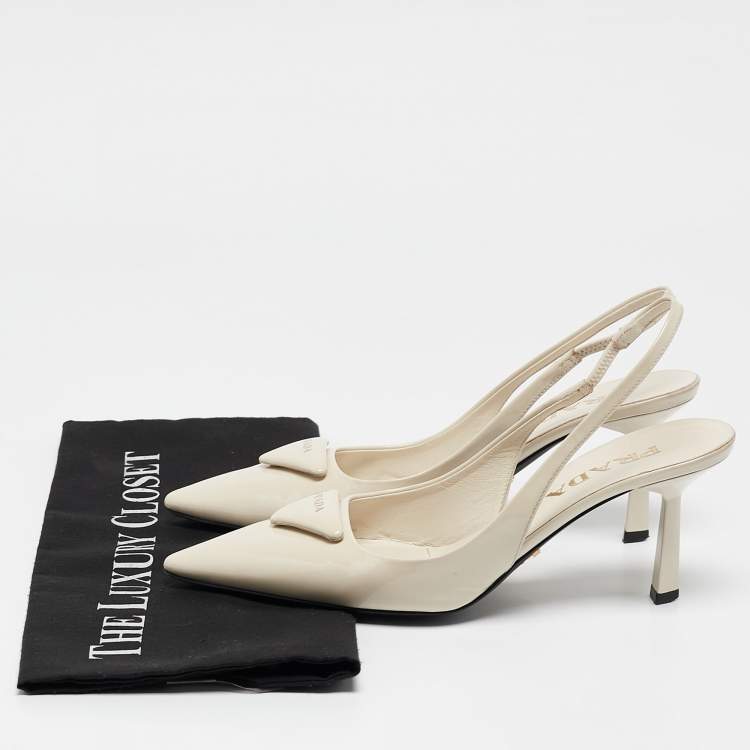 Pre Owned Prada Cream Patent Leather Logo Pointed Toe Slingback Pumps Size 36