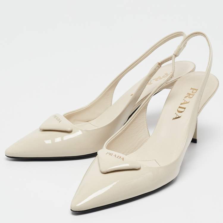 Pre Owned Prada Cream Patent Leather Logo Pointed Toe Slingback Pumps Size 36