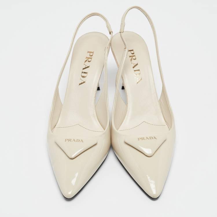 Pre Owned Prada Cream Patent Leather Logo Pointed Toe Slingback Pumps Size 36