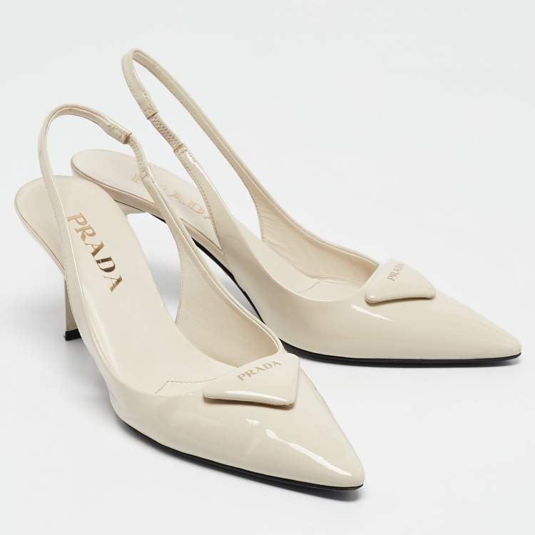 Pre Owned Prada Cream Patent Leather Logo Pointed Toe Slingback Pumps Size 36