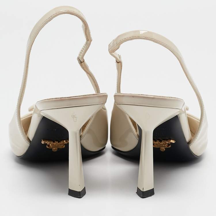 Pre Owned Prada Cream Patent Leather Logo Pointed Toe Slingback Pumps Size 36