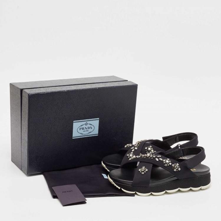 Pre Owned Prada Black Neoprene Crystal Embellished Flat Sandals Size 40