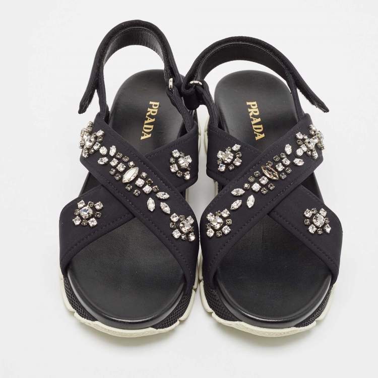 Pre Owned Prada Black Neoprene Crystal Embellished Flat Sandals Size 40