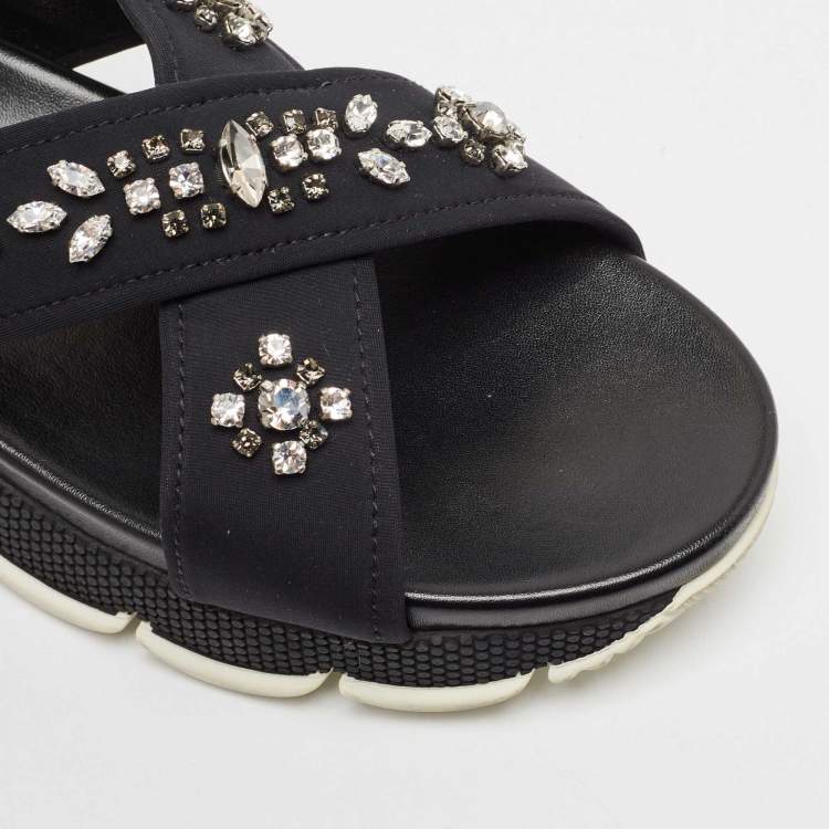Pre Owned Prada Black Neoprene Crystal Embellished Flat Sandals Size 40