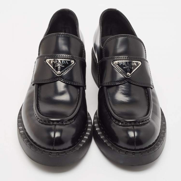 Pre Owned Prada Black Brushed Leather Slip On Loafers Size 38