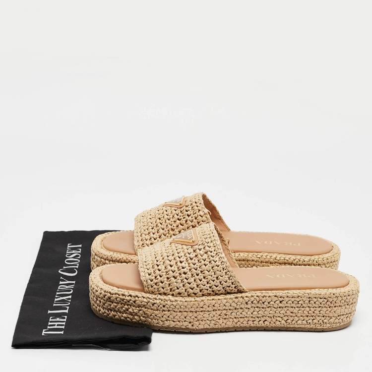 Pre Owned Prada Beige Raffia Triangle Logo Plaque Platform Slide Sandals Size 40