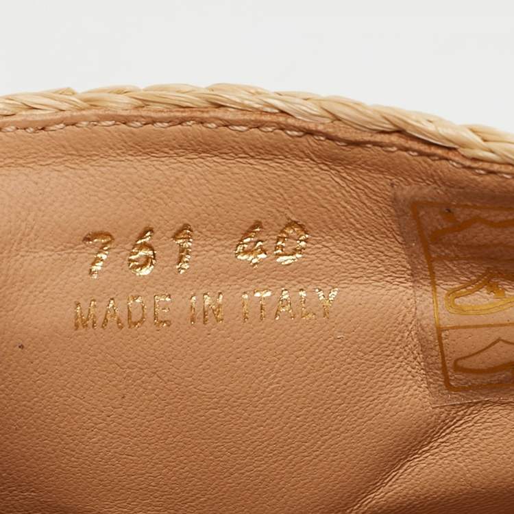 Pre Owned Prada Beige Raffia Triangle Logo Plaque Platform Slide Sandals Size 40