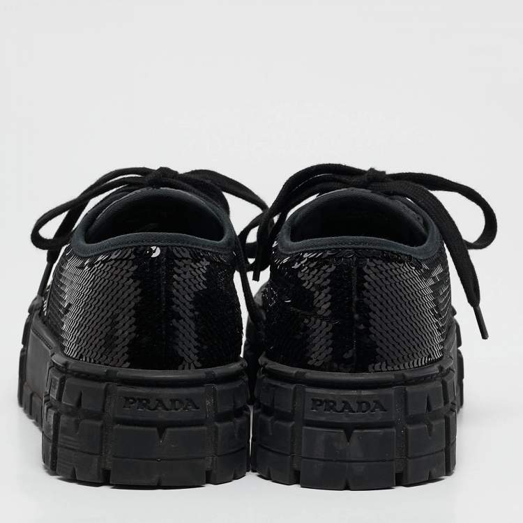 Pre Owned Prada Black Sequin Double Wheel Platform Sneakers Size 39