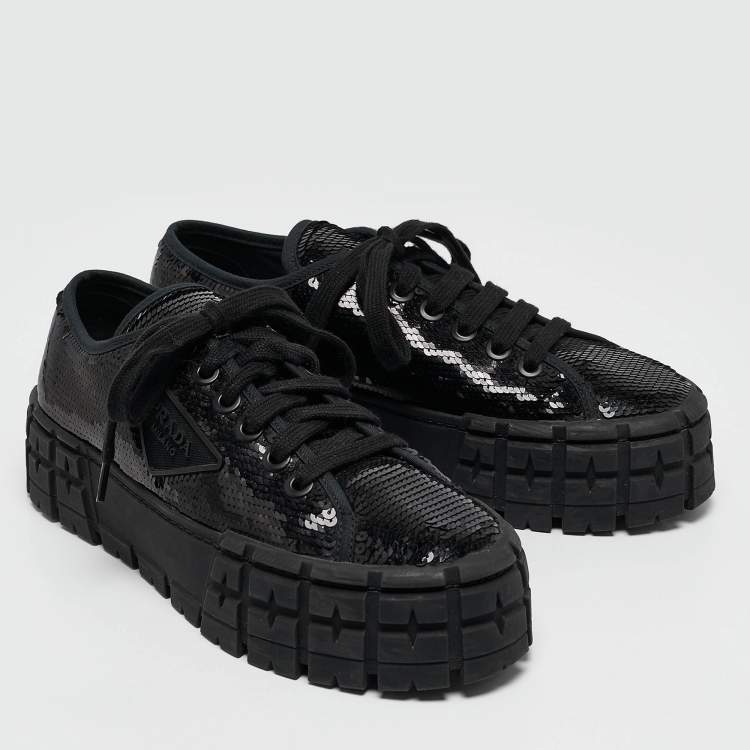 Pre Owned Prada Black Sequin Double Wheel Platform Sneakers Size 39