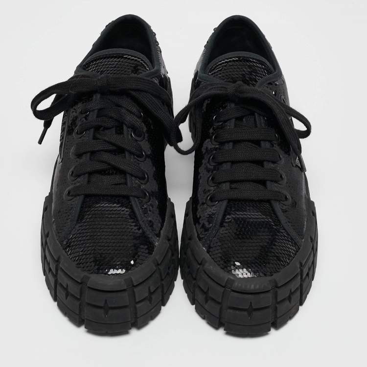 Pre Owned Prada Black Sequin Double Wheel Platform Sneakers Size 39