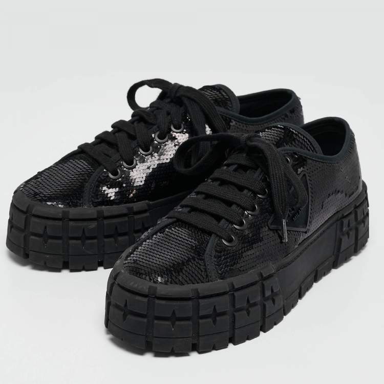 Pre Owned Prada Black Sequin Double Wheel Platform Sneakers Size 39