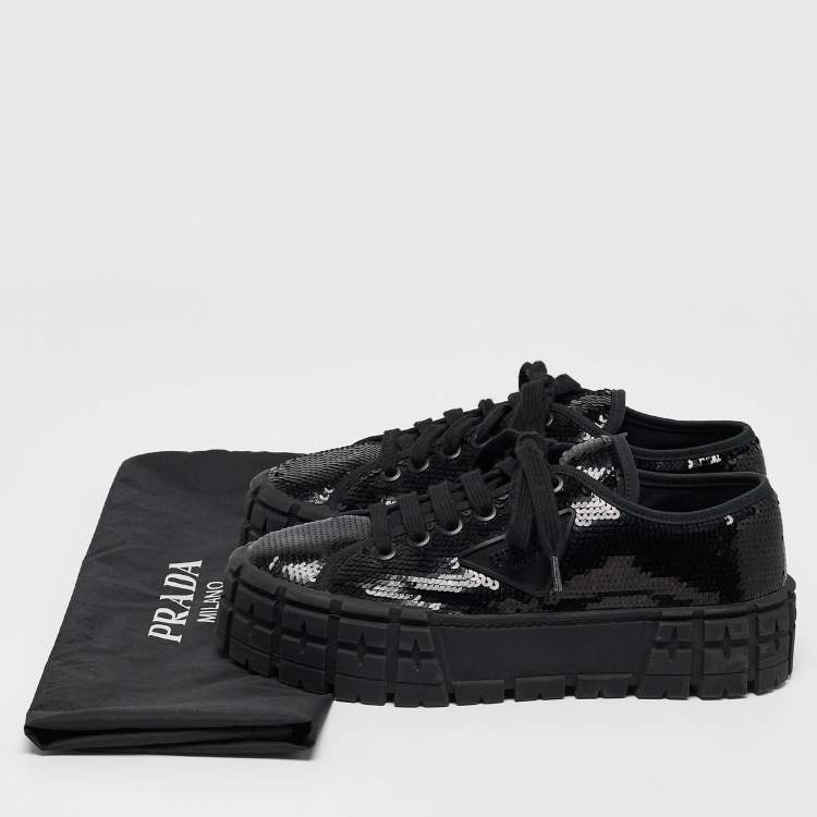 Pre Owned Prada Black Sequin Double Wheel Platform Sneakers Size 39