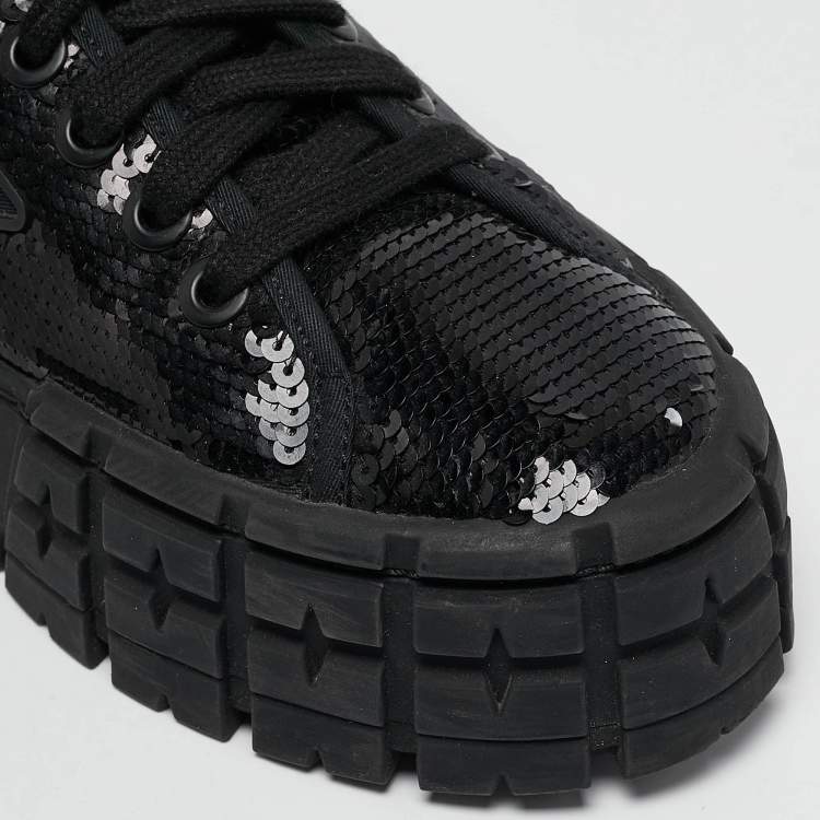 Pre Owned Prada Black Sequin Double Wheel Platform Sneakers Size 39