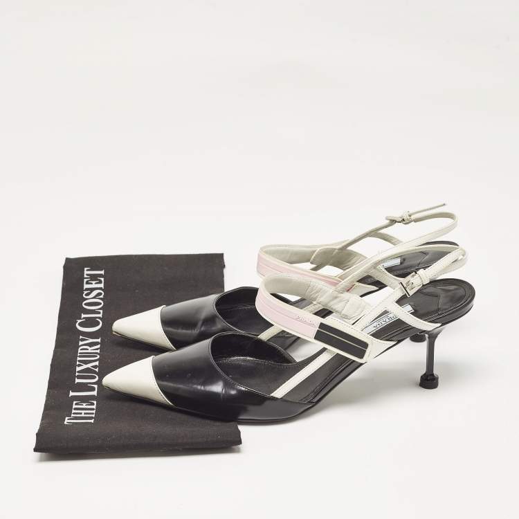 Pre Owned Prada Black/White Leather and Rubber Pointed Toe Slingback Pumps Size 41
