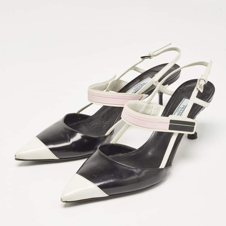 Pre Owned Prada Black/White Leather and Rubber Pointed Toe Slingback Pumps Size 41