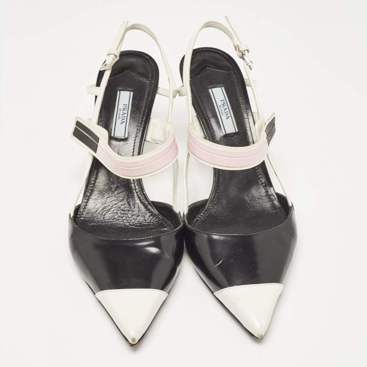 Pre Owned Prada Black/White Leather and Rubber Pointed Toe Slingback Pumps Size 41
