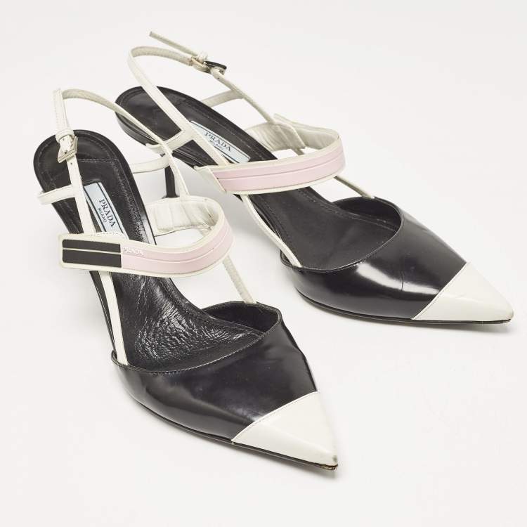 Pre Owned Prada Black/White Leather and Rubber Pointed Toe Slingback Pumps Size 41