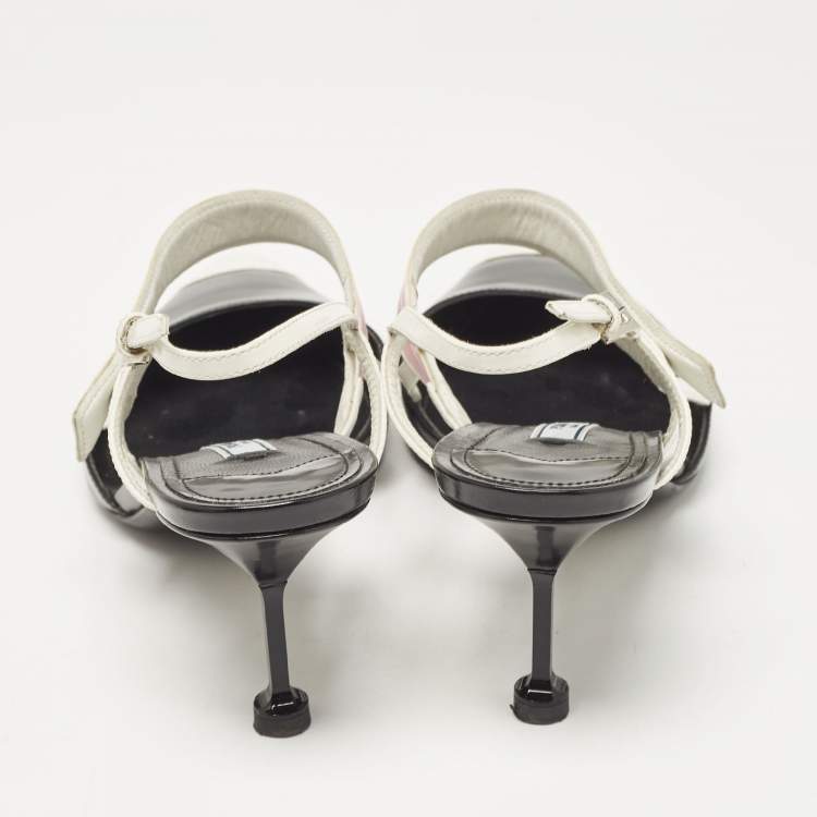 Pre Owned Prada Black/White Leather and Rubber Pointed Toe Slingback Pumps Size 41