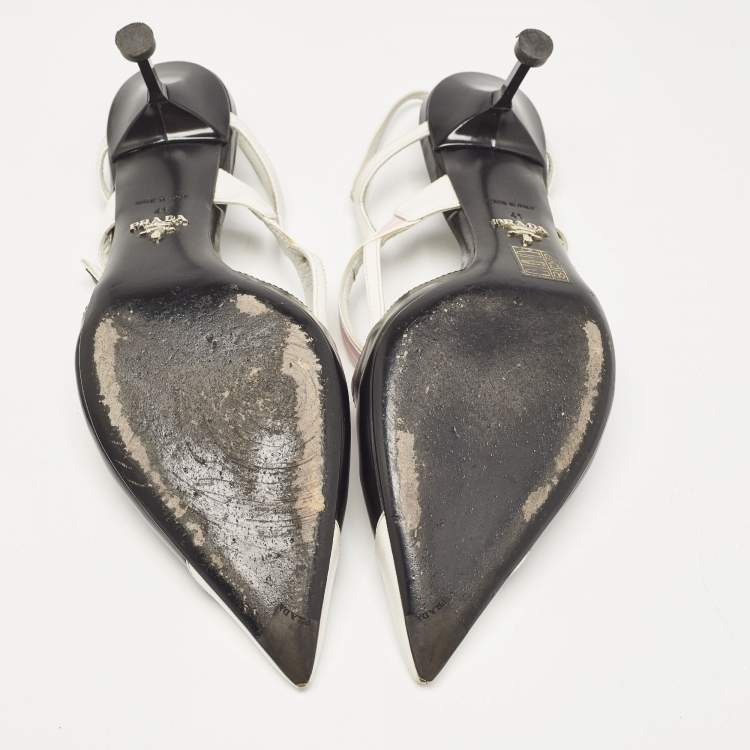 Pre Owned Prada Black/White Leather and Rubber Pointed Toe Slingback Pumps Size 41