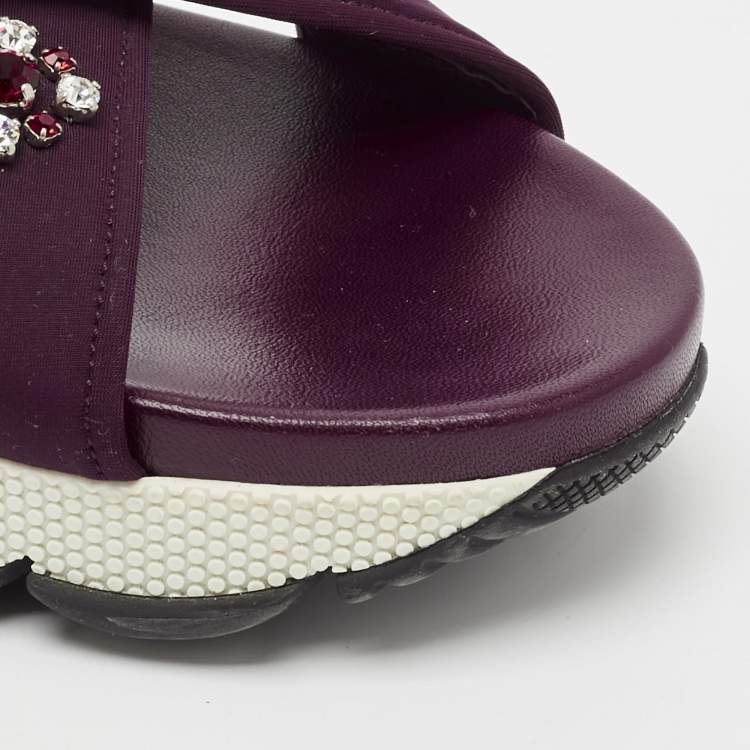 Pre Owned Prada Purple Fabric and Leather Crystals Cross Strap Flats Size 40.5