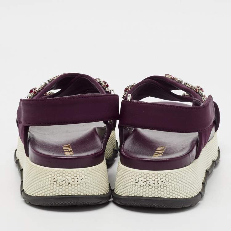 Pre Owned Prada Purple Fabric and Leather Crystals Cross Strap Flats Size 40.5