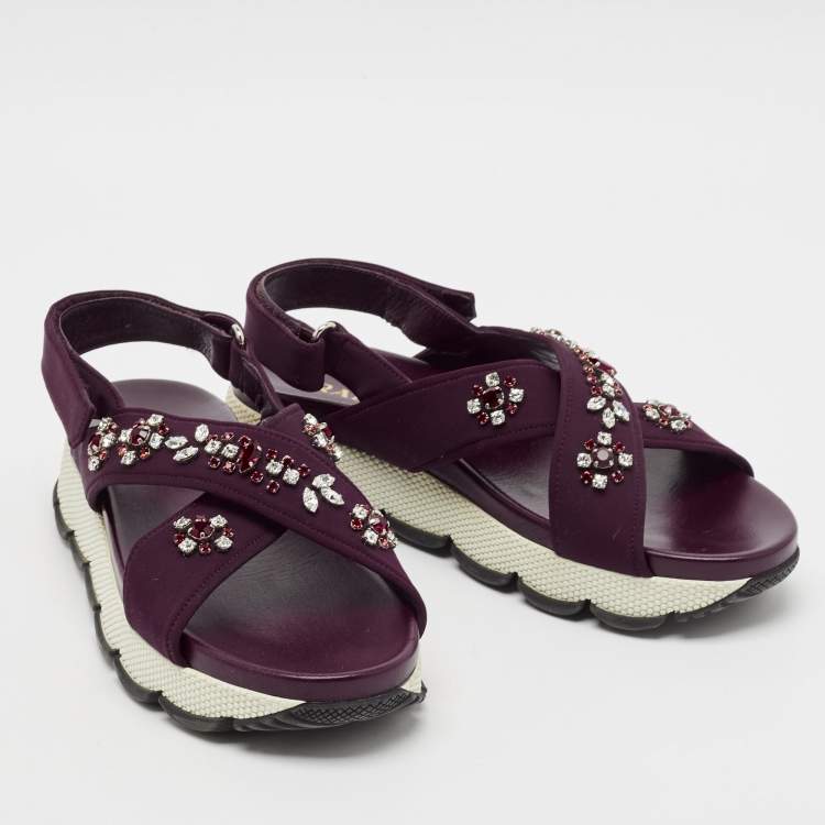 Pre Owned Prada Purple Fabric and Leather Crystals Cross Strap Flats Size 40.5
