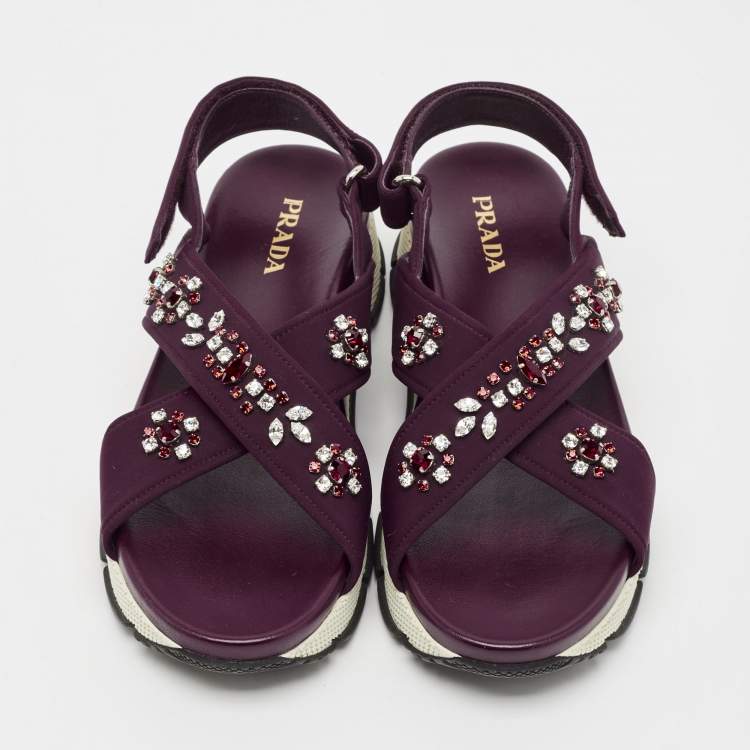 Pre Owned Prada Purple Fabric and Leather Crystals Cross Strap Flats Size 40.5