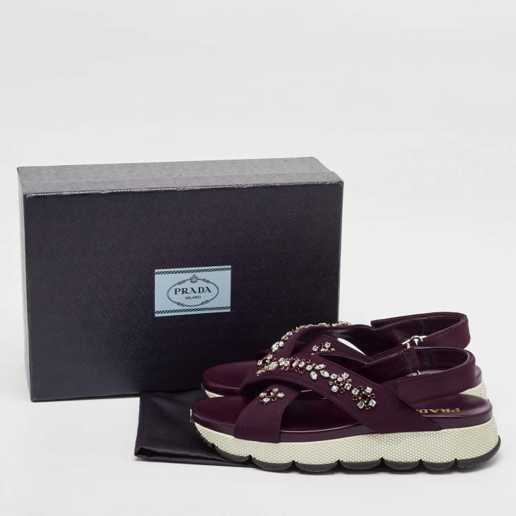 Pre Owned Prada Purple Fabric and Leather Crystals Cross Strap Flats Size 40.5