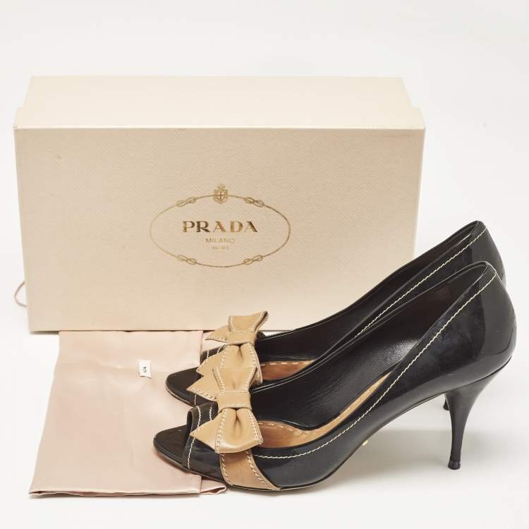 Pre Owned Prada Black/Brown Patent and Leather Bow Peep Toe Pumps Size 40.5