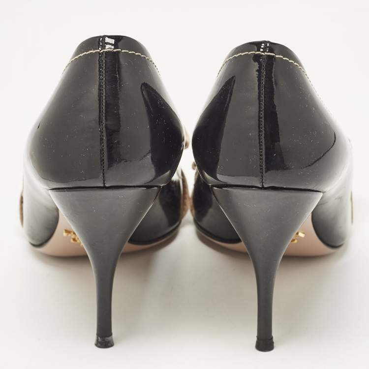 Pre Owned Prada Black/Brown Patent and Leather Bow Peep Toe Pumps Size 40.5