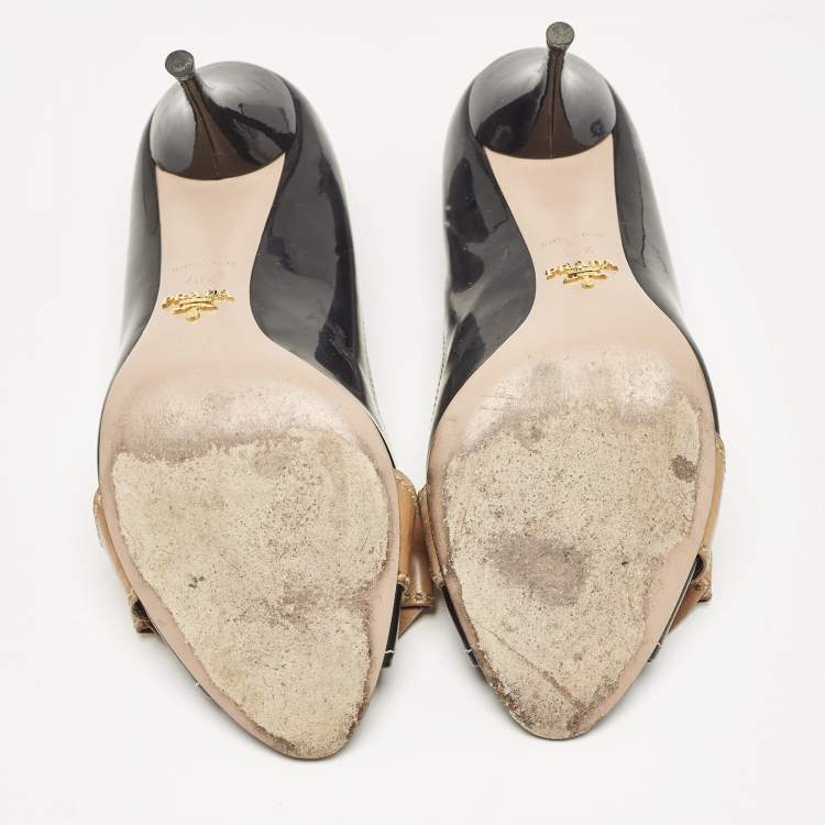 Pre Owned Prada Black/Brown Patent and Leather Bow Peep Toe Pumps Size 40.5