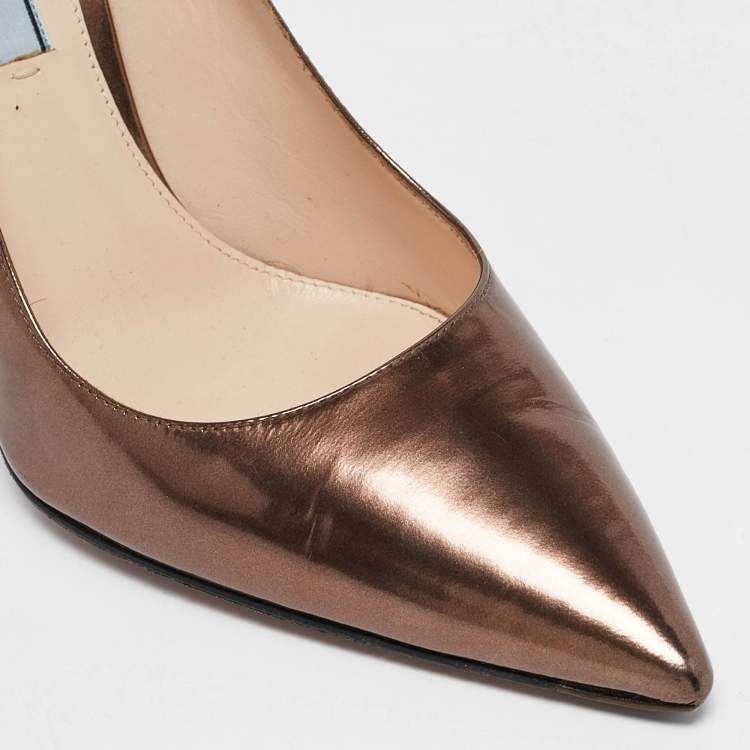 Pre Owned Prada Brown Laminated Leather Pointed Toe Pumps Size 37.5