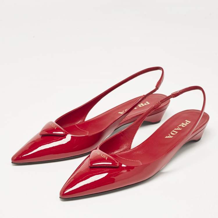 Pre Owned Prada Red Patent Leather Triangle Logo Slingback Ballet Flats Size 38