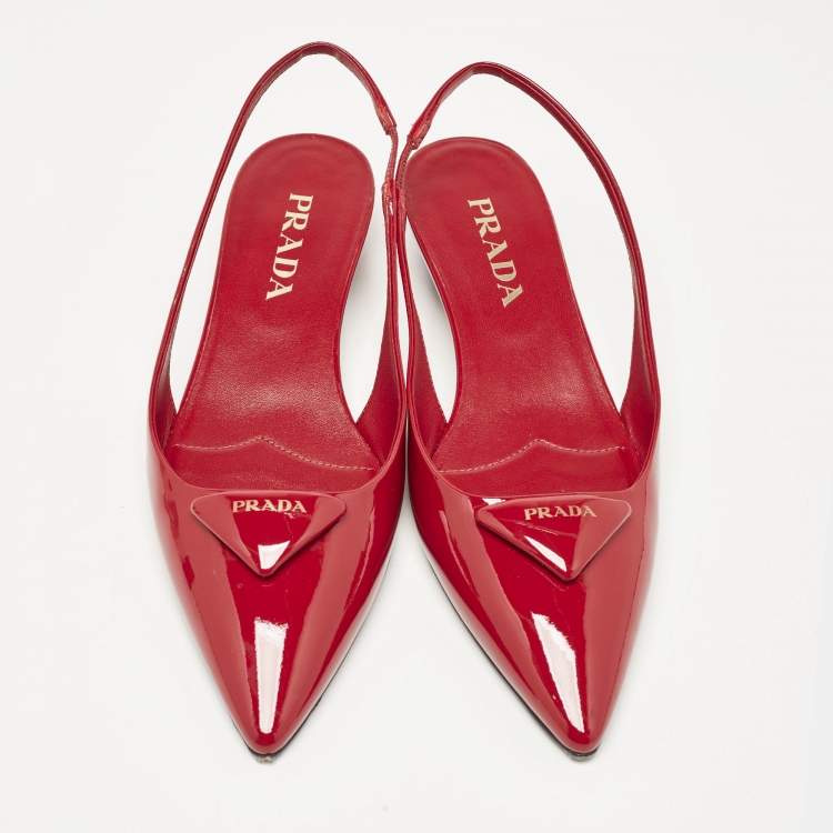 Pre Owned Prada Red Patent Leather Triangle Logo Slingback Ballet Flats Size 38