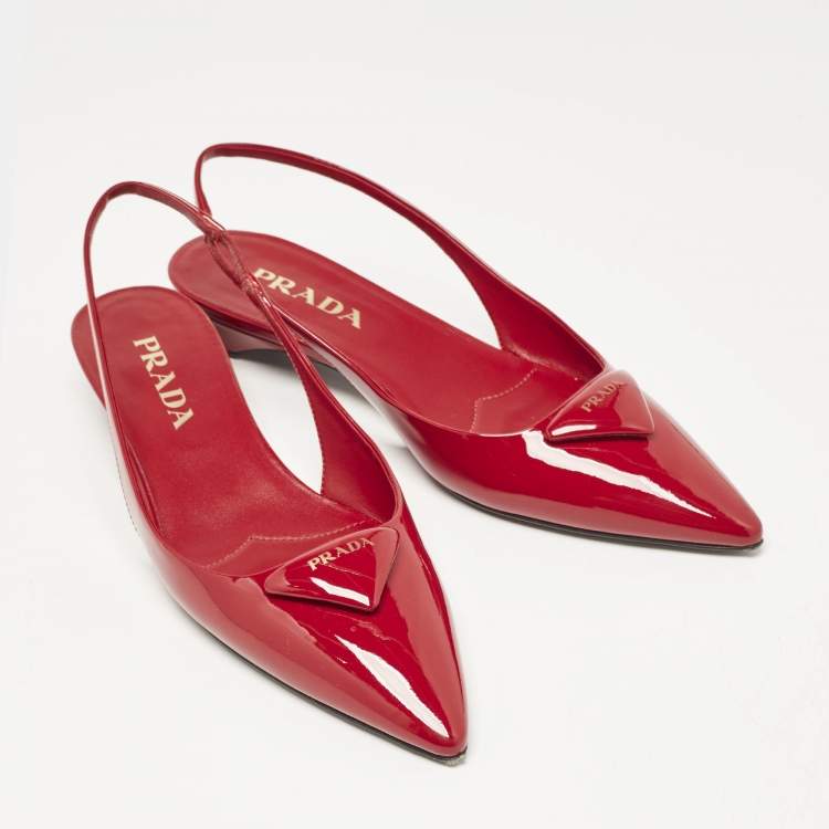 Pre Owned Prada Red Patent Leather Triangle Logo Slingback Ballet Flats Size 38