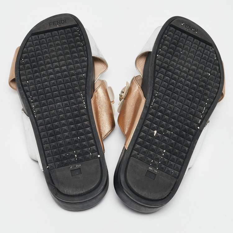 Pre Owned Fendi Silver/Gold Leather Flowerland Slide Flat Sandals Size 37