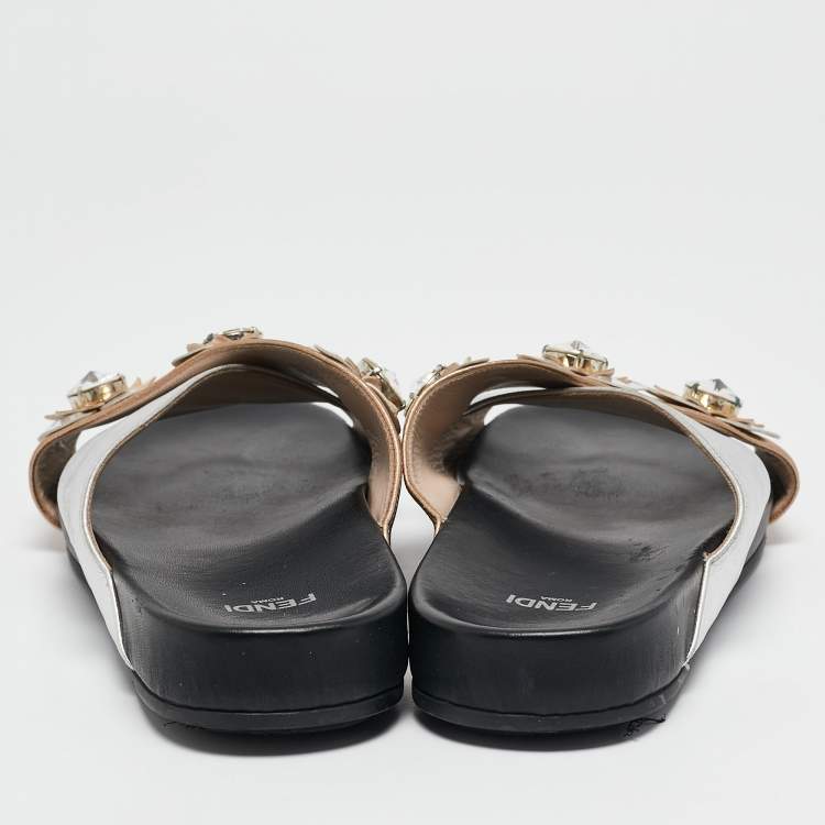 Pre Owned Fendi Silver/Gold Leather Flowerland Slide Flat Sandals Size 37